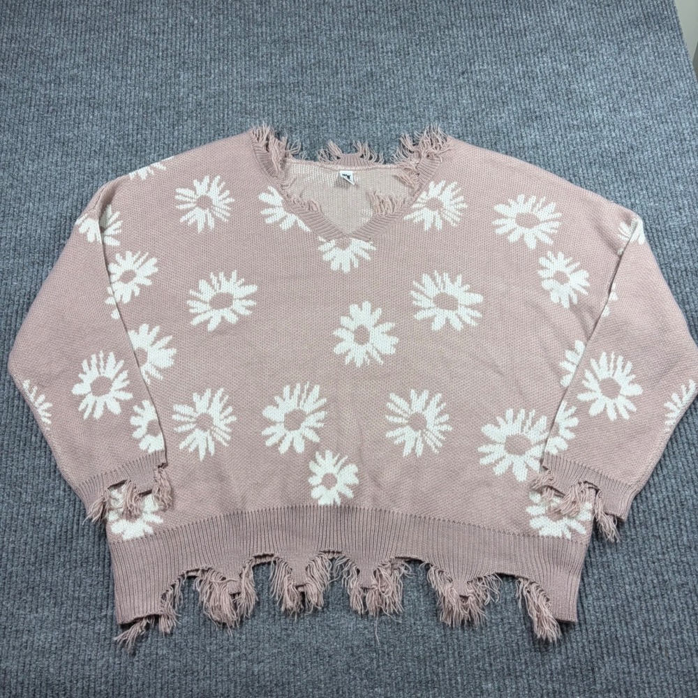 It's Sweater Womens 2X Pink Daisy Floral Distressed V-Neck Knit Pullover Boho